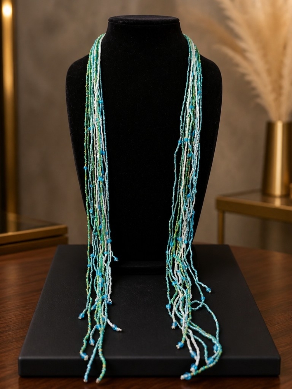 Multi-Strand Blue & Green Seed Bead Scarf / Accesory